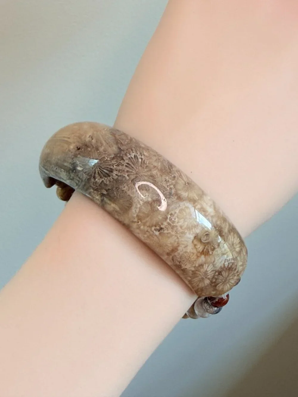 Unisex Coral Fossil Half Bangle Double Strand Bracelet